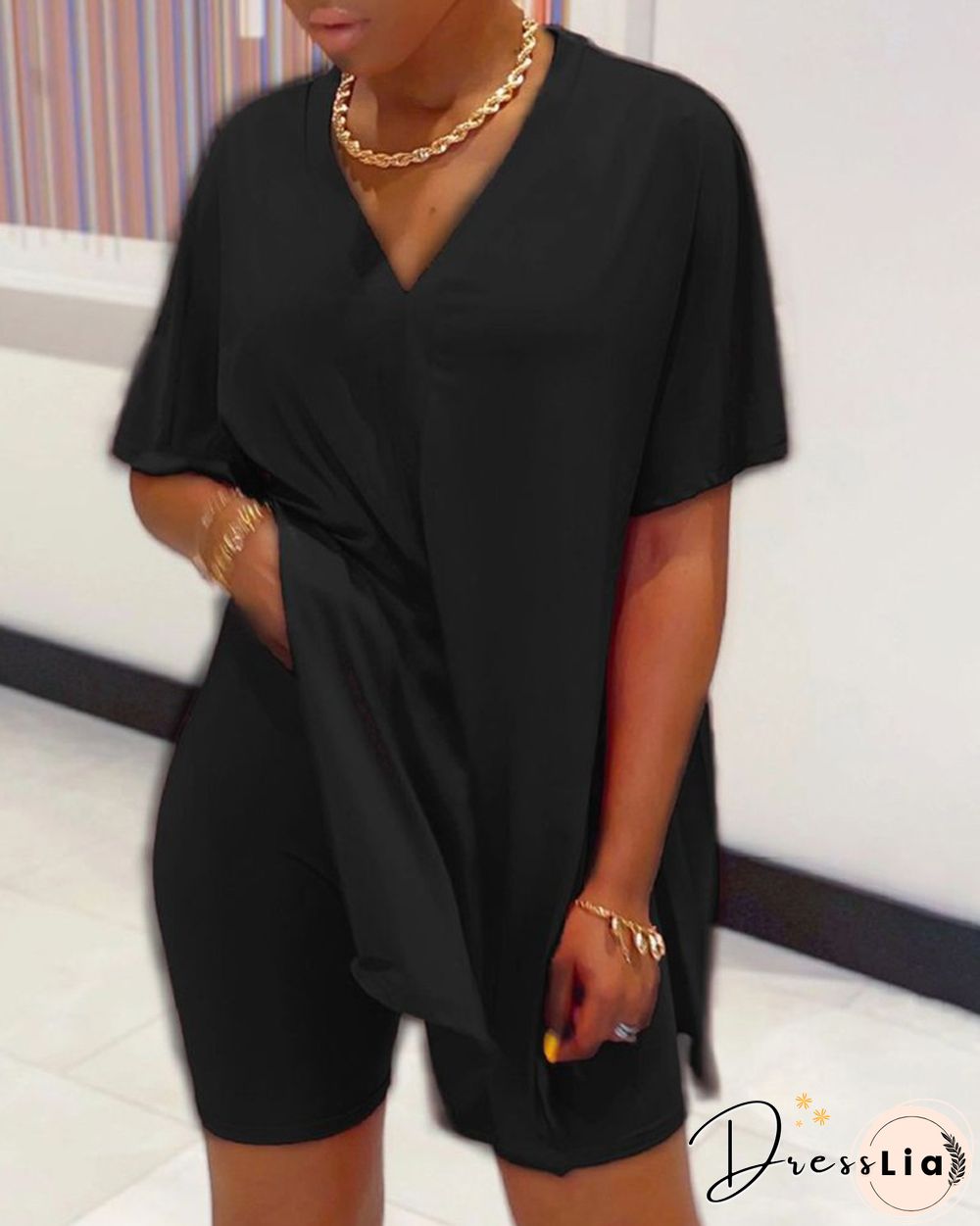Batwing Sleeve Slit Top & High Waist Shorts Set