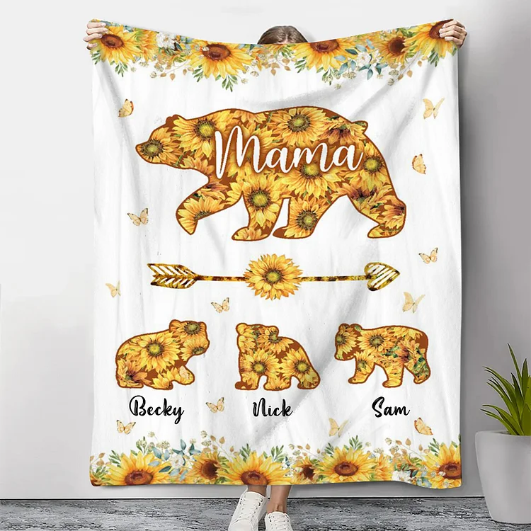 Personalised 3 Names Blanket Sunflowers Bears Family Blanket Mother's Day Gift for Mama