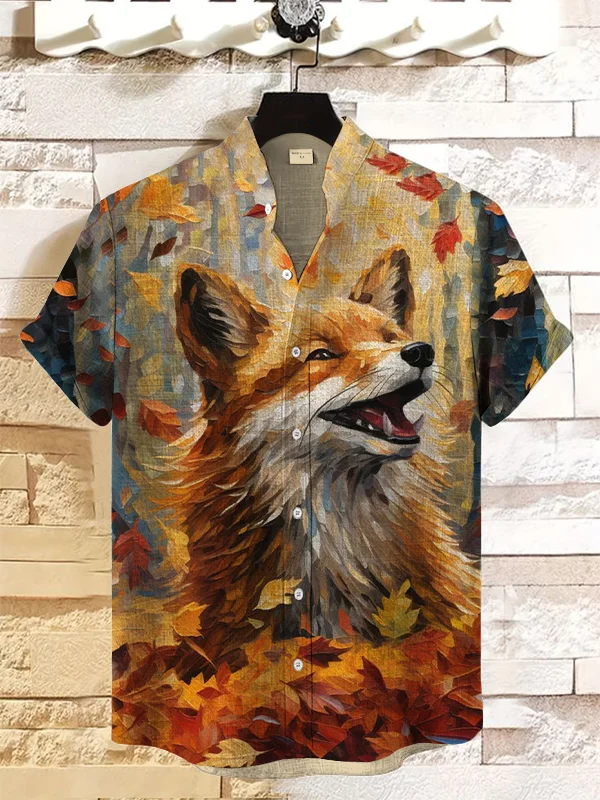 Men's Happy Fox Oil Painting Art Print Linen Blend Shirt