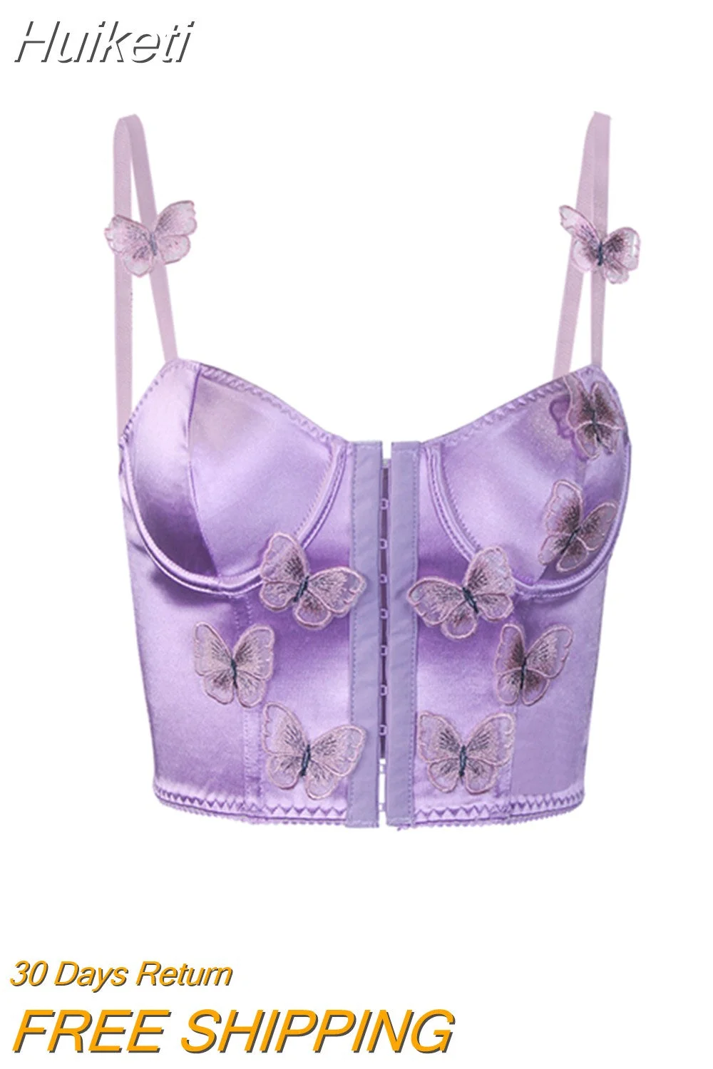 Huiketi Women's Vintage Summer Mini Skinny Camisole Purple Sleeveless Backless 3D Butterfly Decor Corset Shaperwear Crop Tops
