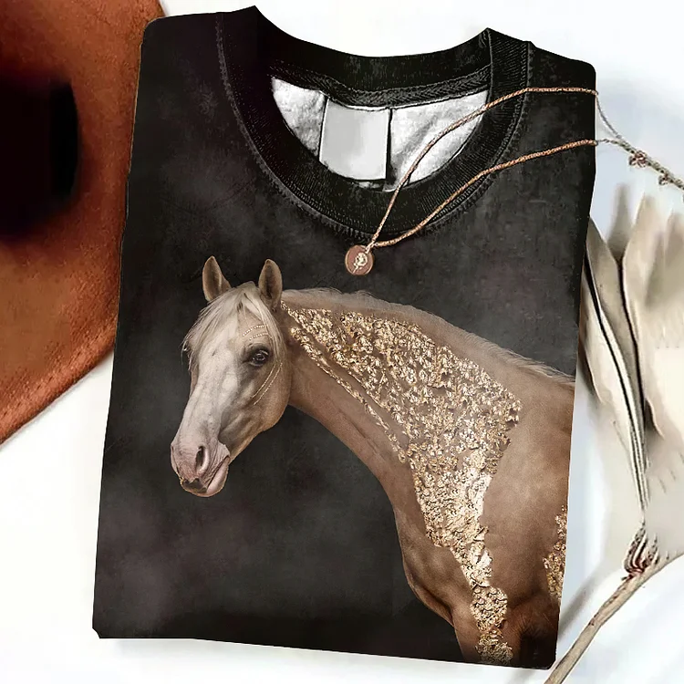 Comstylish Vintage Horse Sequin Art Print Casual Long Sleeve T-Shirt