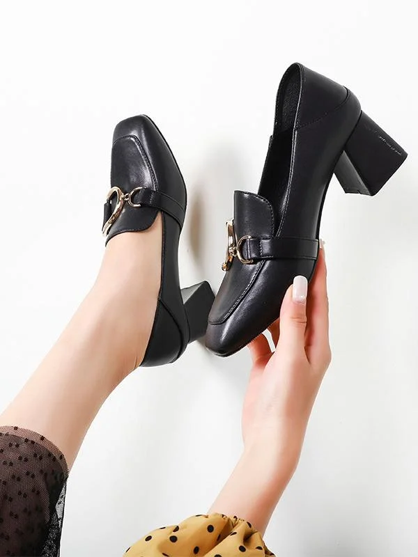 Metal buckle casual high-heel loafers thick heel square toe two-wear women's shoes