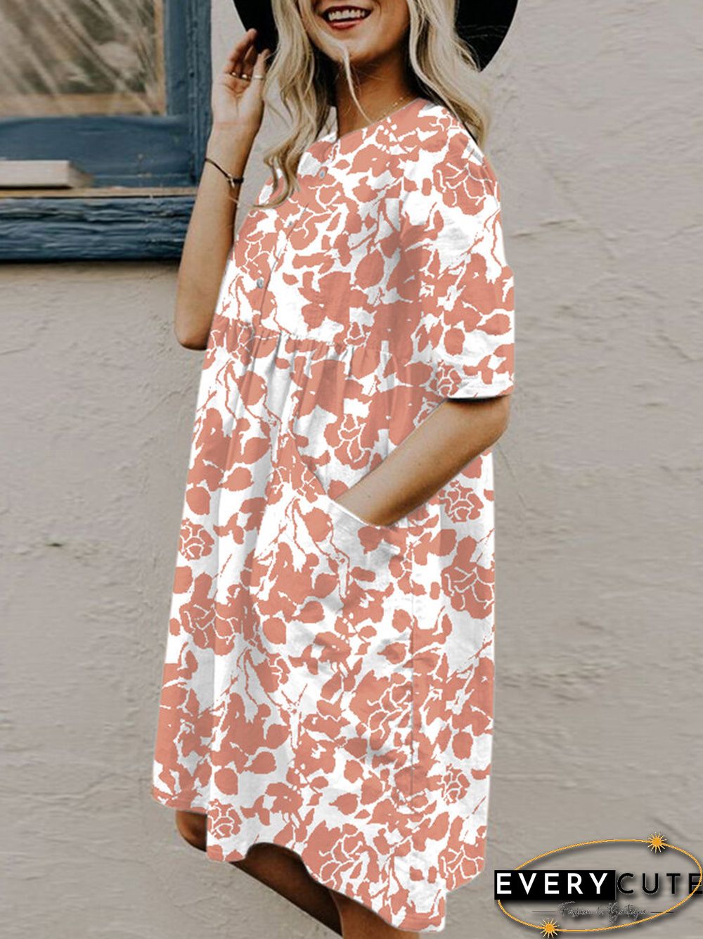 Random Allover Leaves Print Pocket Short Sleeve Button Dress