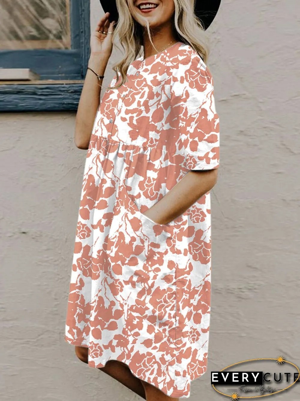Random Allover Leaves Print Pocket Short Sleeve Button Dress