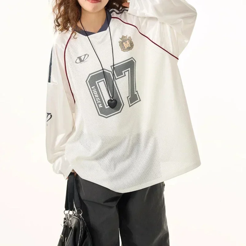 Aonga Harajuku Letter Print Long Sleeved Oversized T shirt Gothic Retro Y2k Knitted Loose Sweatshirt Mesh Breathable Tops Streetwear aonga