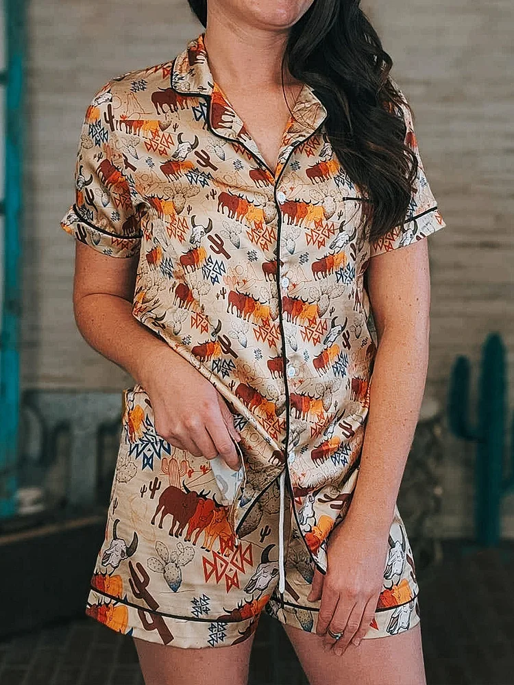 Western Casual Cow Print Silk Short Sleeves Pajama Set