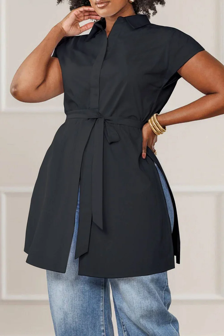 Plus Size Business Casual Black Shirt Collar Cap Sleeve Short Sleeve Split Casual Pleated Blouses 2024 - Xpluswear