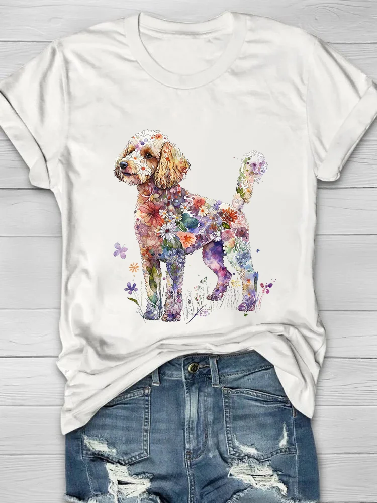 Floral Cute Pet Puppy Printed Crew Neck Women's T-shirt