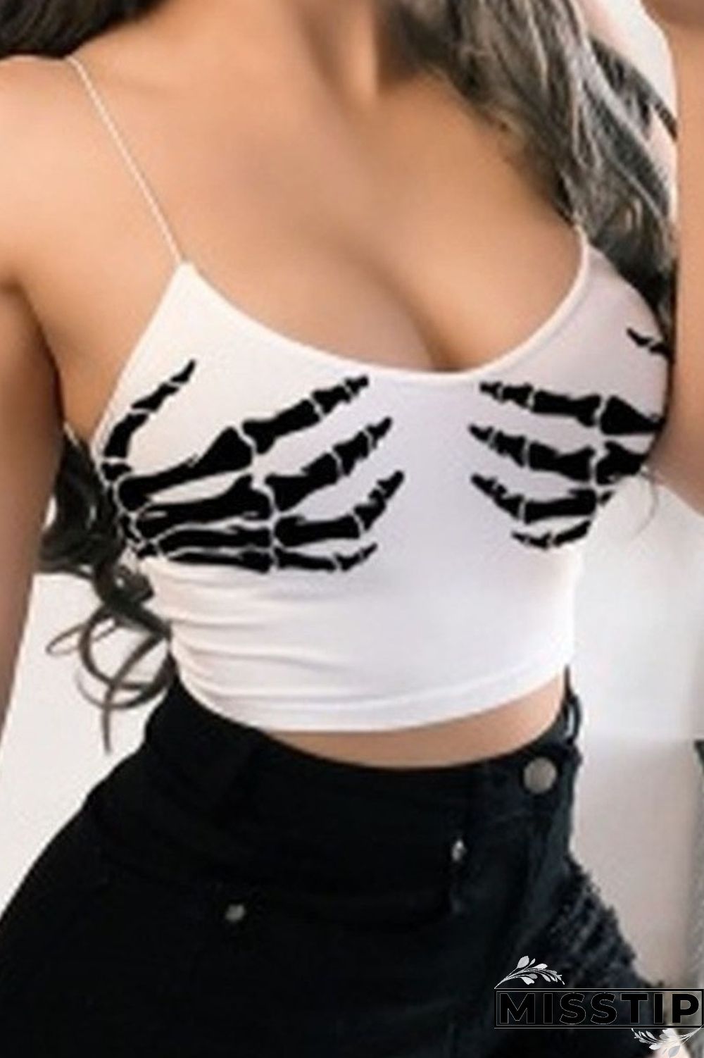 Grey Sexy Street Print Patchwork Spaghetti Strap Tops