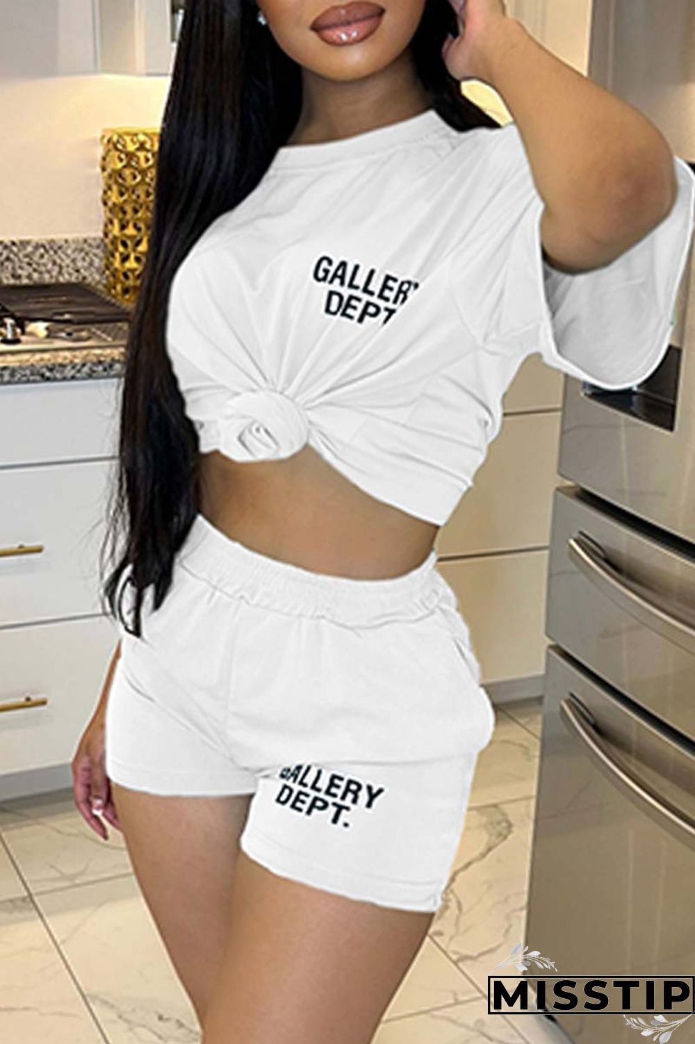 Black Casual Letter Print Basic O Neck Short Sleeve Two Pieces