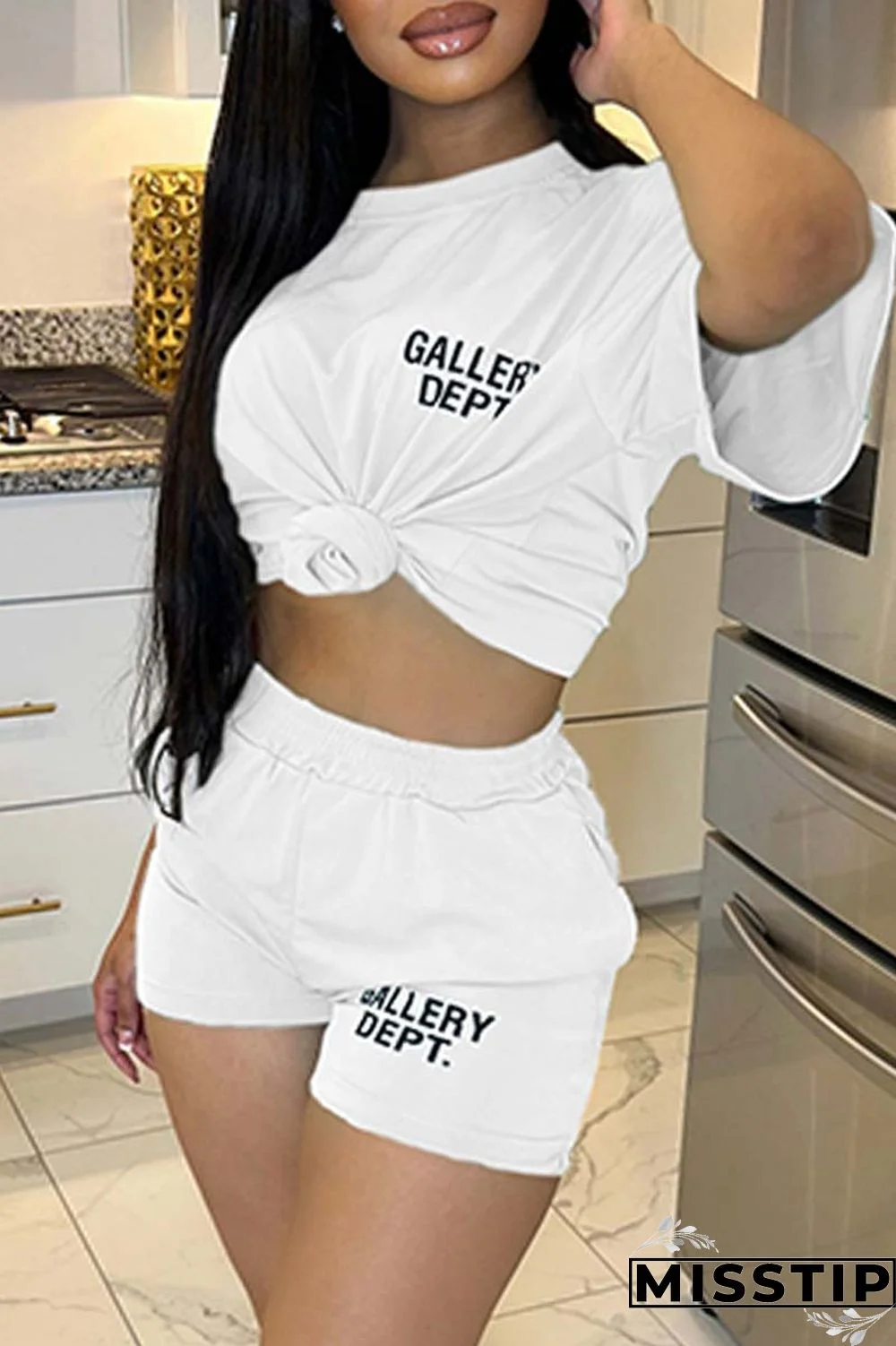 Black Casual Letter Print Basic O Neck Short Sleeve Two Pieces