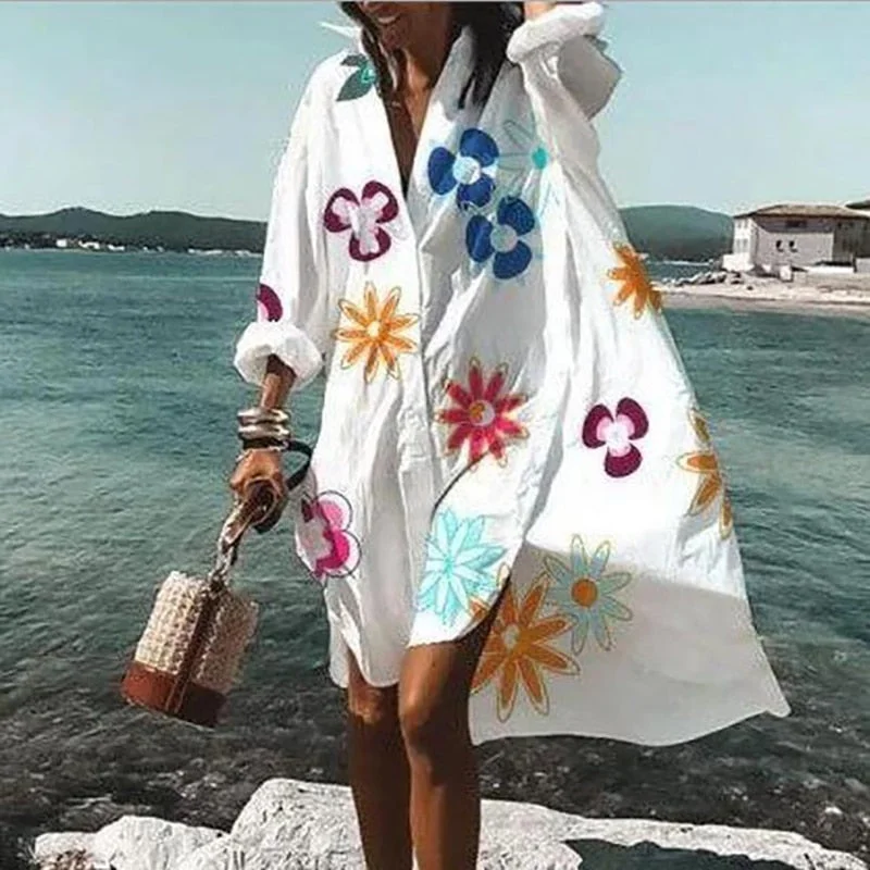 Women Buttons Shirt Dresses Autumn Elegant Floral Printed Long Sleeve Dress Ladies Casual Loose A-Line Beach Boho Dress Vestidos