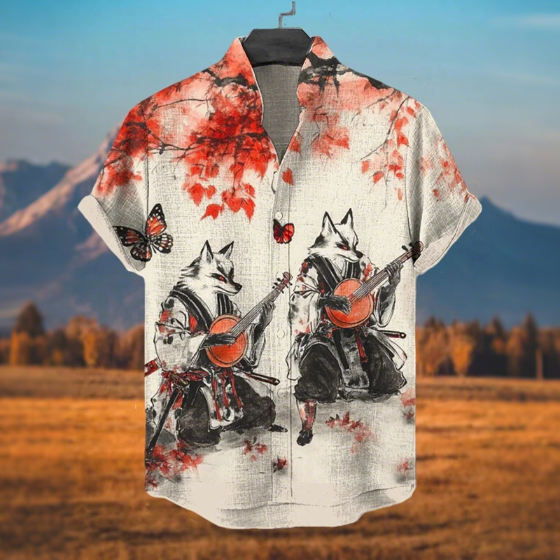 Men's Fox Swordsmen Playing Instrument Under The Maple Tree Art Print Casual Shirt  artssus