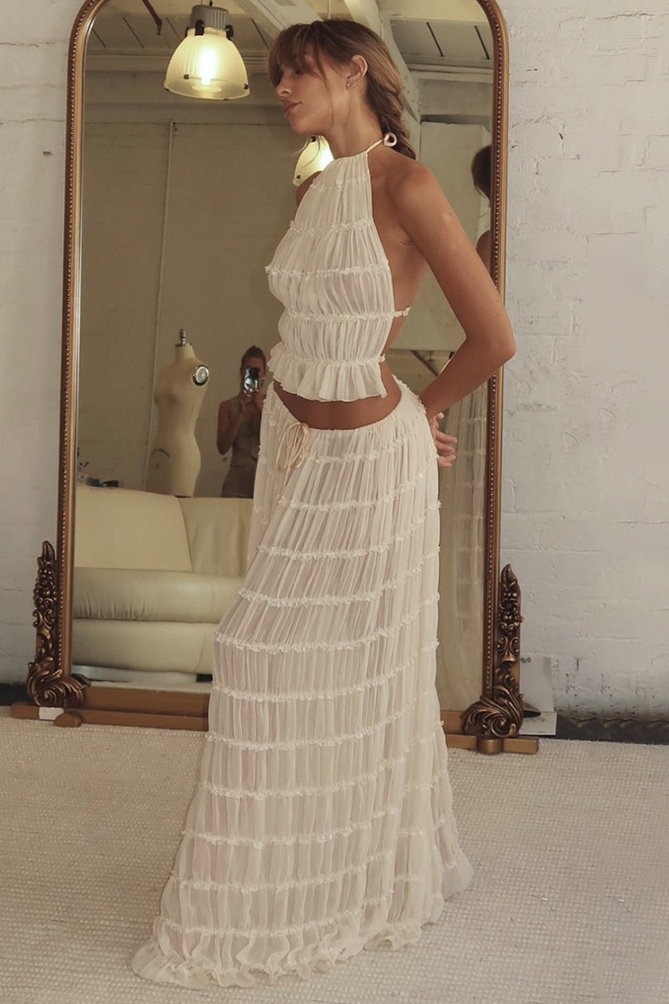 Solid Color Pleated Halter Backless Crop Top Ruffled Trim Maxi Skirt Matching Set-White