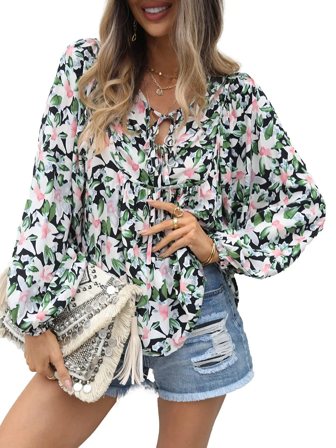 Women plus size clothing Women Long Sleeve V-neck Floral Printed Top-Nordswear