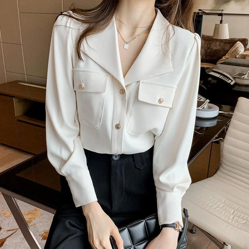 Jangj Spring Summer New Korean Fashion Chiffon Blouse Elegant Casual Shirt for Female V-neck Long Sleeve Clothing Fashion Women