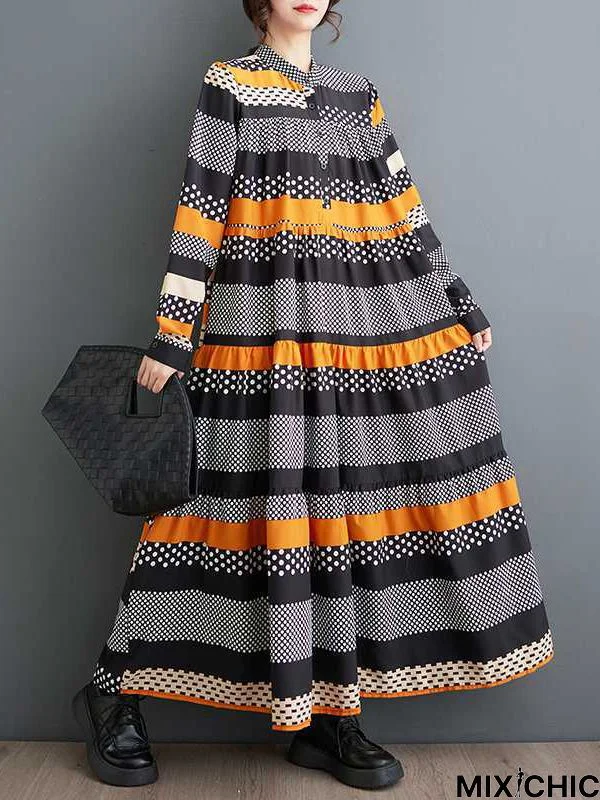 A-Line Long Sleeves Buttoned Polka-Dot Split-Joint Round-Neck Midi Dresses