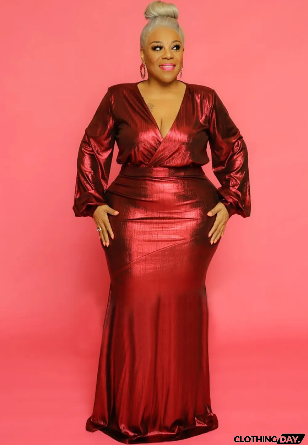 Autumn Plus Size Red Shiny V-neck Puff Sleeve Evening Gown