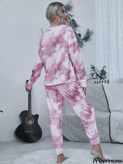 Tie-dye Round Neck Top and Drawstring Pants Lounge Set
