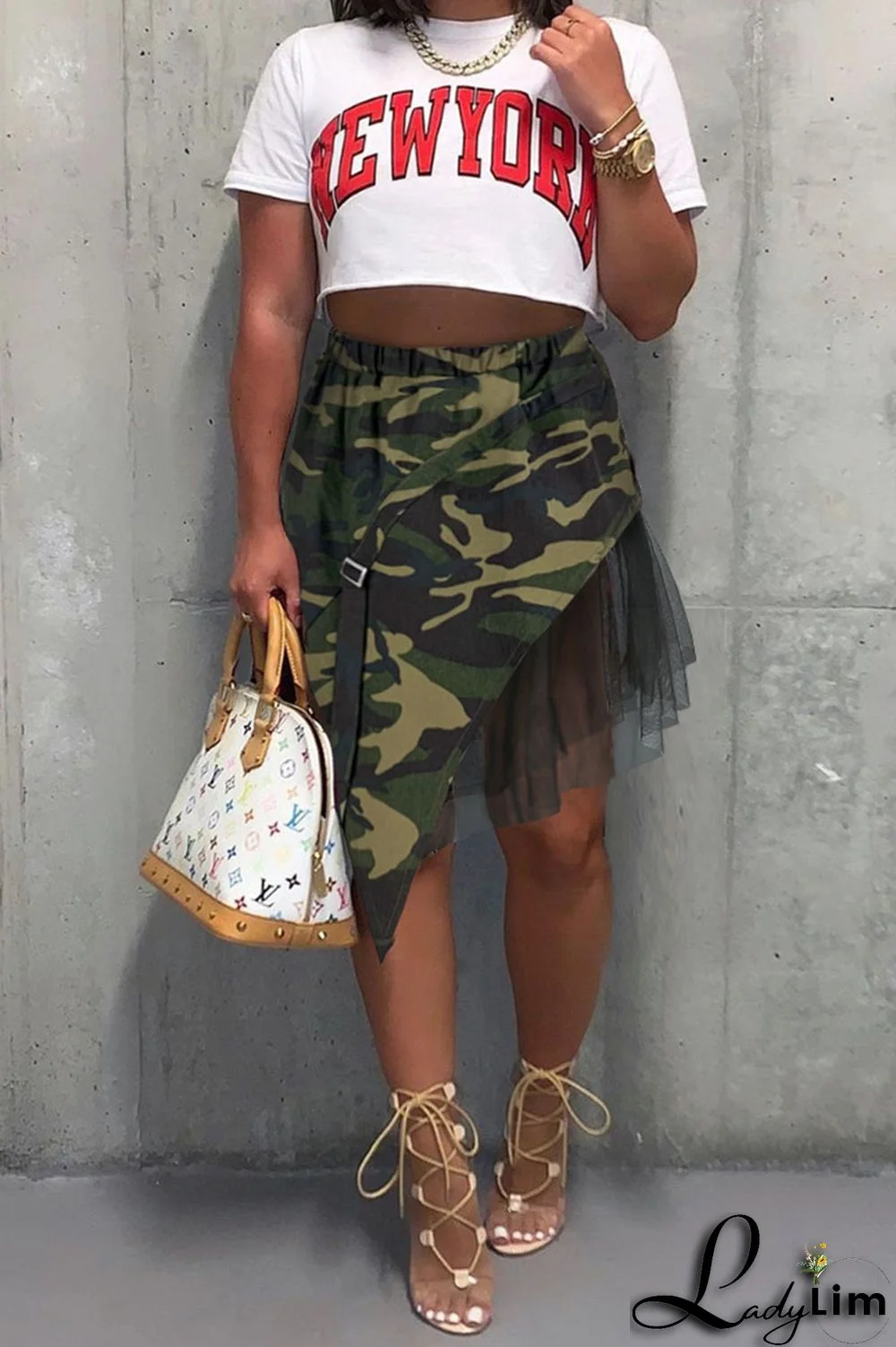 Pink Fashion Street Print Camouflage Print Patchwork Asymmetrical High Waist Full Print Bottoms