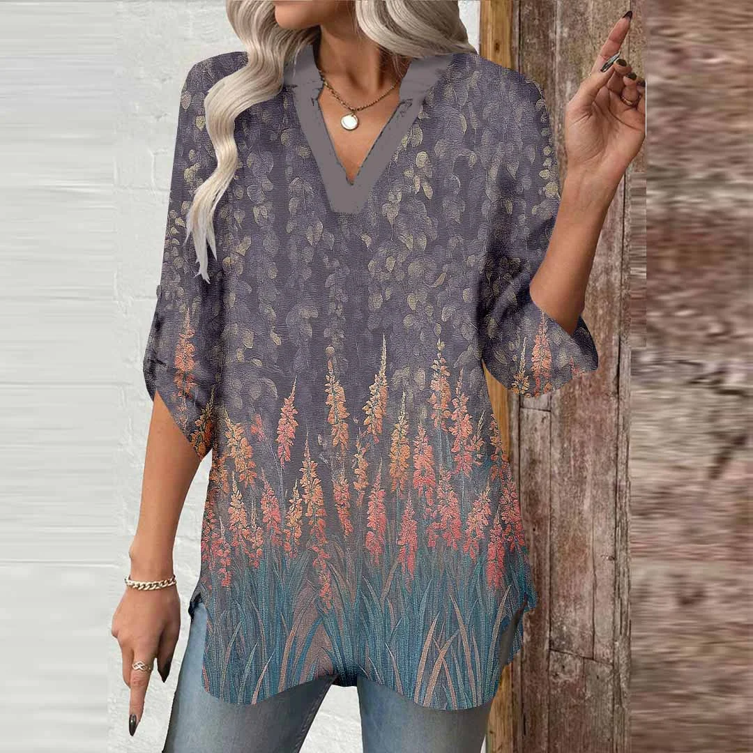 Women Plant, Purple, Pink DZGA0598 3/4 Sleeve V-neck Printed Graphic Button Tops