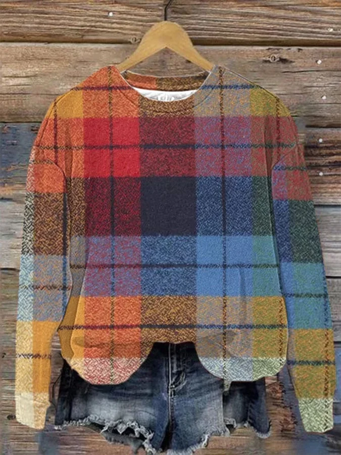 Women's Colorful Plaid Print Sweatshirt