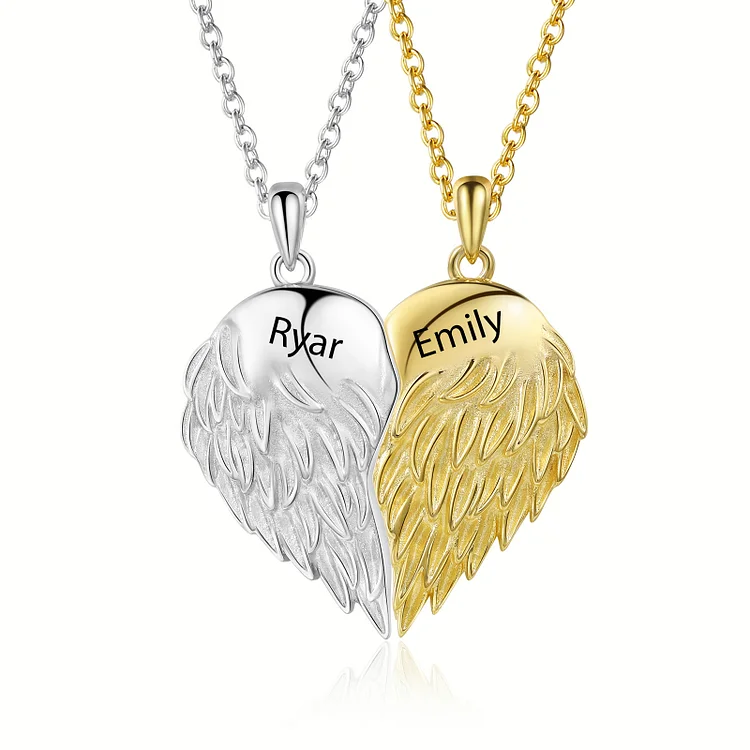 Custom 2Pcs Couple Angel Wings Heart Necklace, Customized Name Necklace Couple Gift