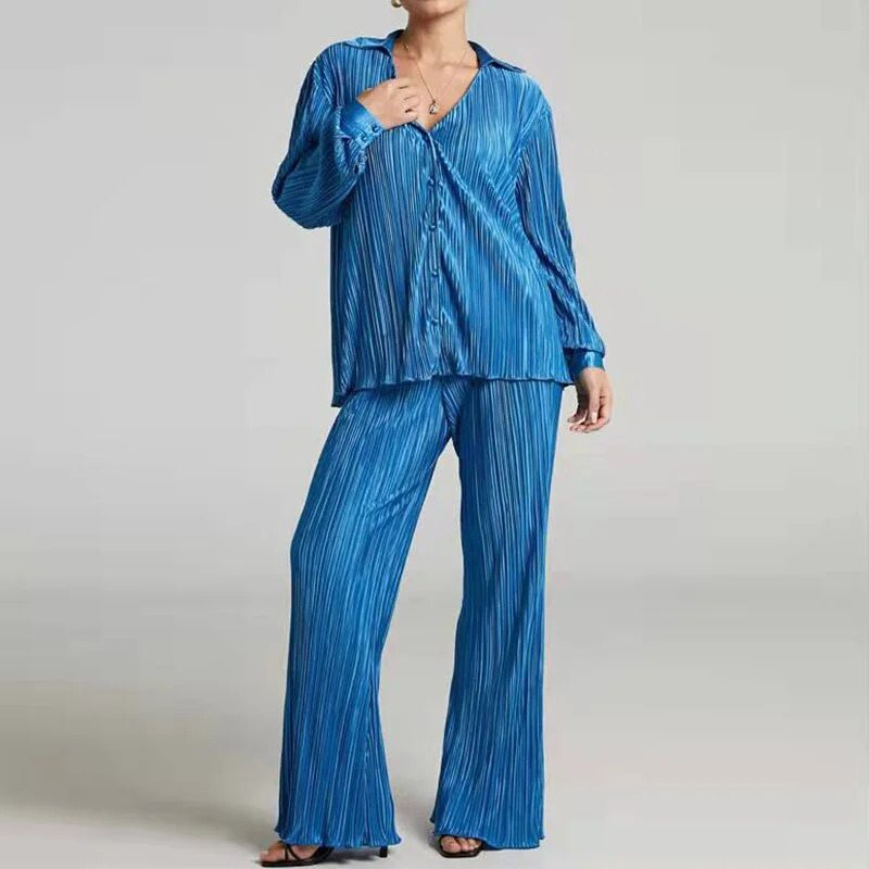 PENERAN Women Shirt Suits Pleated V Neck Single-Breasted Ladies Cardigan Two Piece Set Loose Shirts And High-Waist Wide-Leg Pants Sets