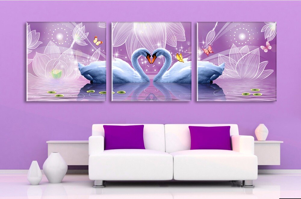 Fantasy purple Swan reflection spray paintings lotus 3 pieces frameless paintings