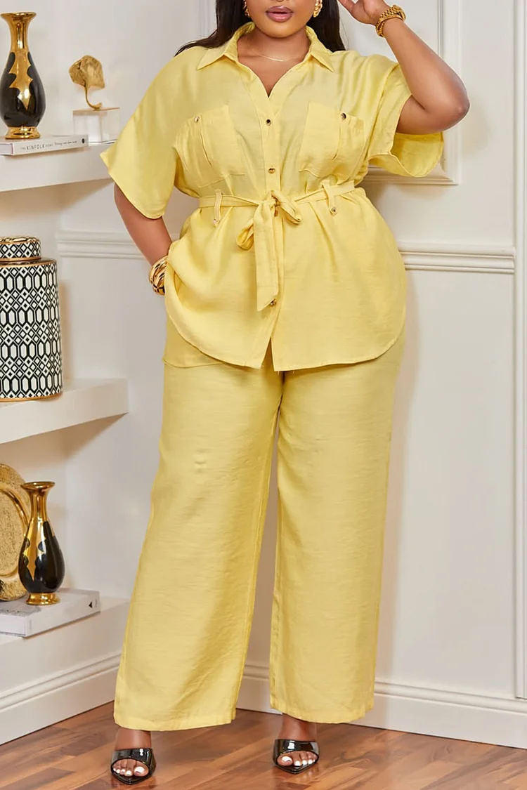 Plus Size Business Casual Casual Yellow Shirt Collar Short Sleeve Pocket Linen Two Piece Pant Sets [Pre-Order]