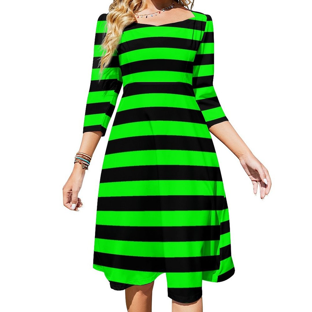 Checkerboard Striped Black And Lime Design Dress Sweetheart Tie Back Flared 3/4 Sleeve Midi Dresses