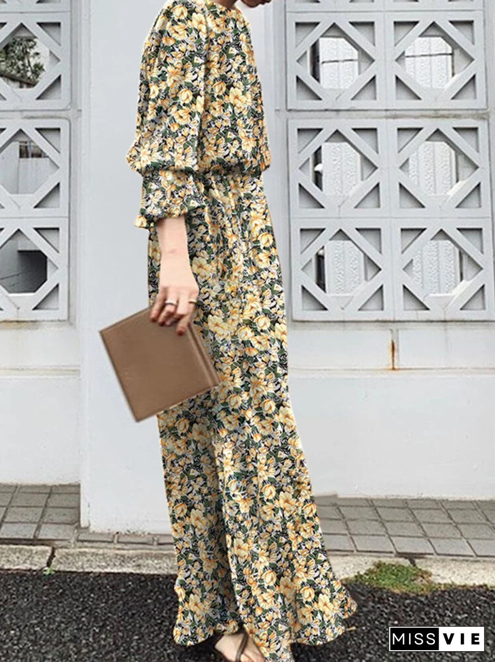 Floral Print Slit Long Bell Sleeve Crew Neck Maxi Dress