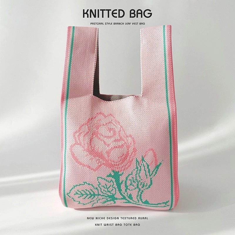 Women’s Medium Knit Letter Flower Cute Vintage Style Square Open Handbag