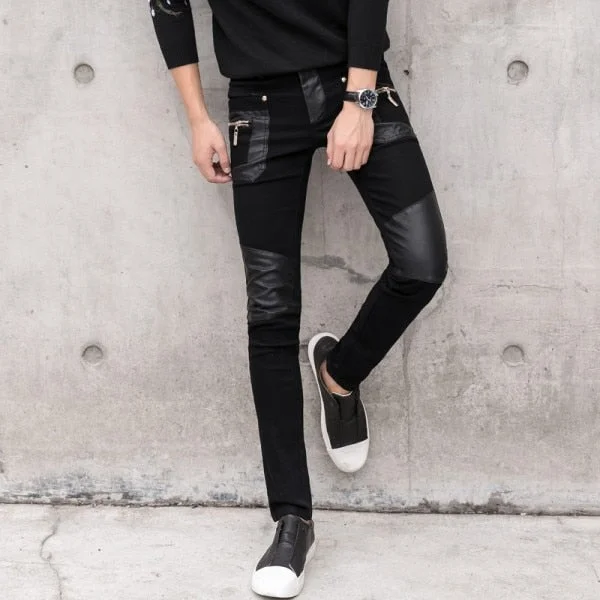 Woherb Fashion Men's Pant Faux Leather Jeans Spliced Denim Trousers Male Stretch Slim Fit Punk Stage Singer Motorcycle Casual Pants Men