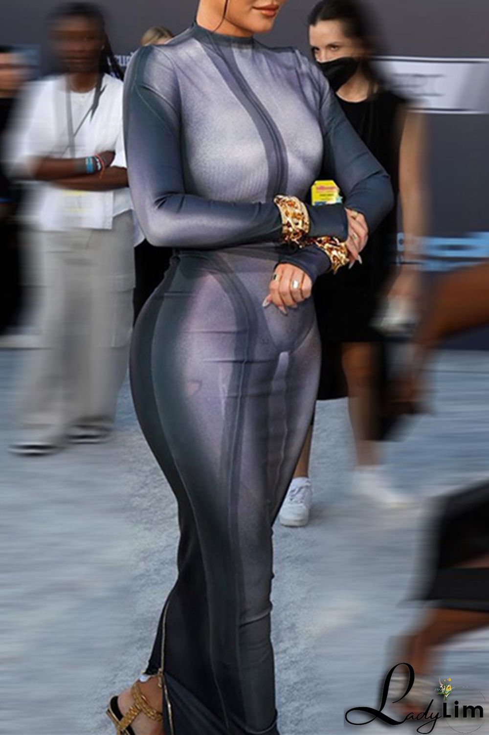 Black Fashion Casual Print Slit O Neck Long Sleeve Dresses