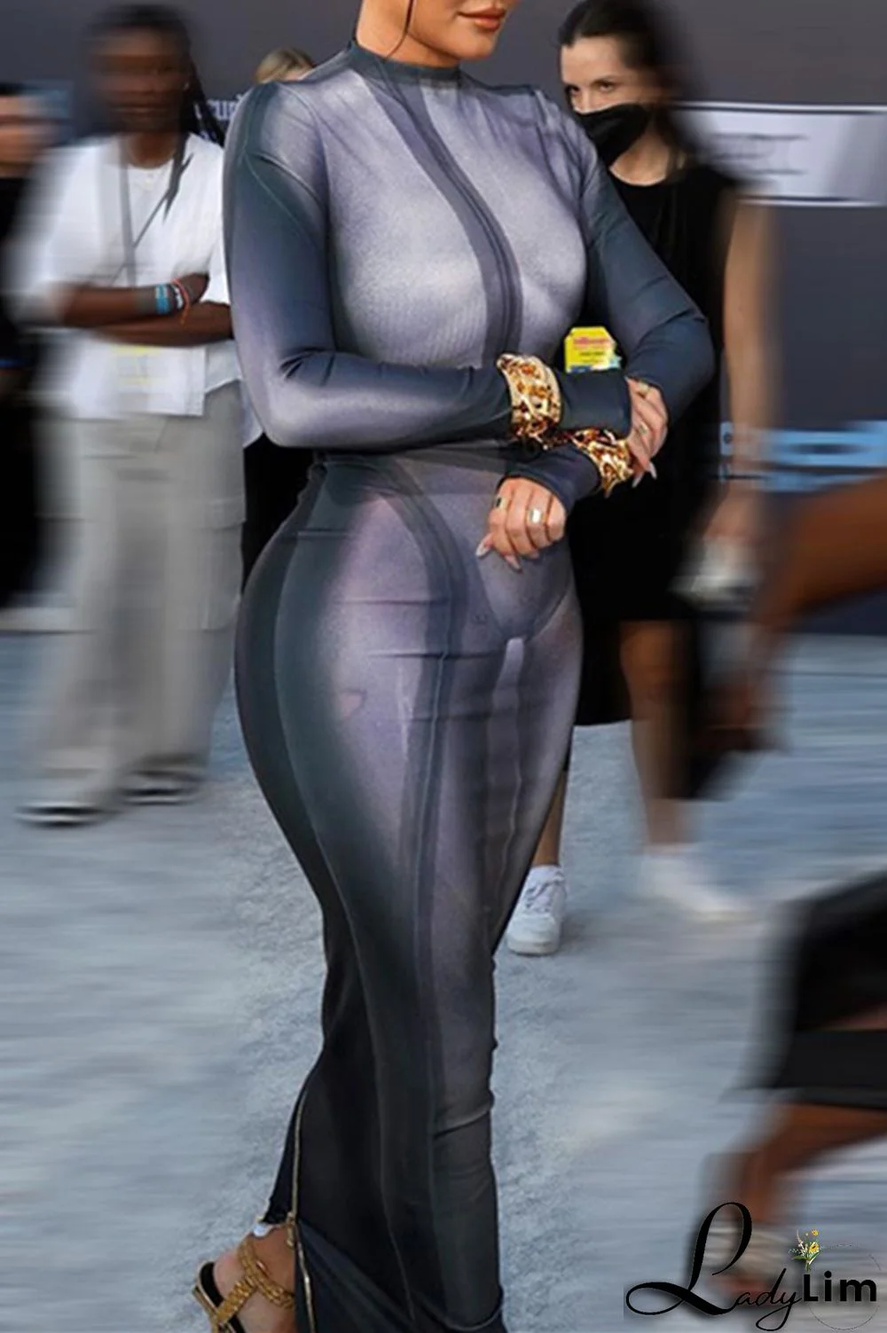 Black Fashion Casual Print Slit O Neck Long Sleeve Dresses