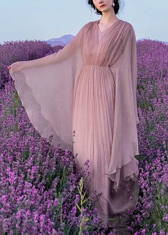 Elegant Pink Wrinkled Solid Silk Long Dress Batwing Sleeve
