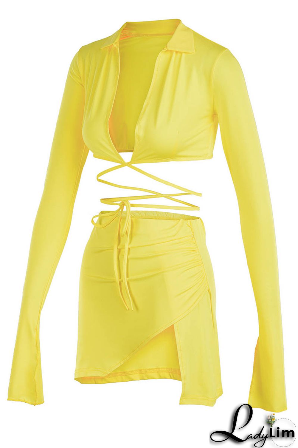 Yellow Fashion Sexy Solid Bandage Slit V Neck Long Sleeve Two Pieces