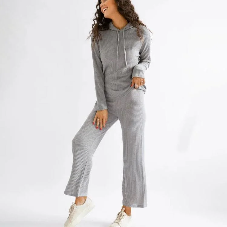 Pure Color Hooded Drawstring Casual Knit Set