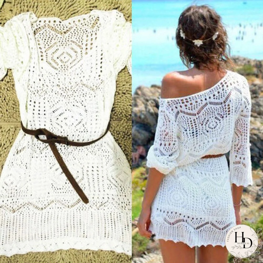 Fashion Womens White Summer Boho Sexy Lace Hollow Knit Bikini Swimwear Cover up Crochet Beach Mini Dress Tops Blouse