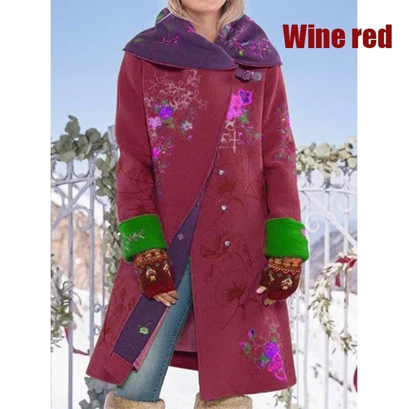 Fashion Warm Wool Vintage Print Hooded Lapel Fleece Casual Coats
