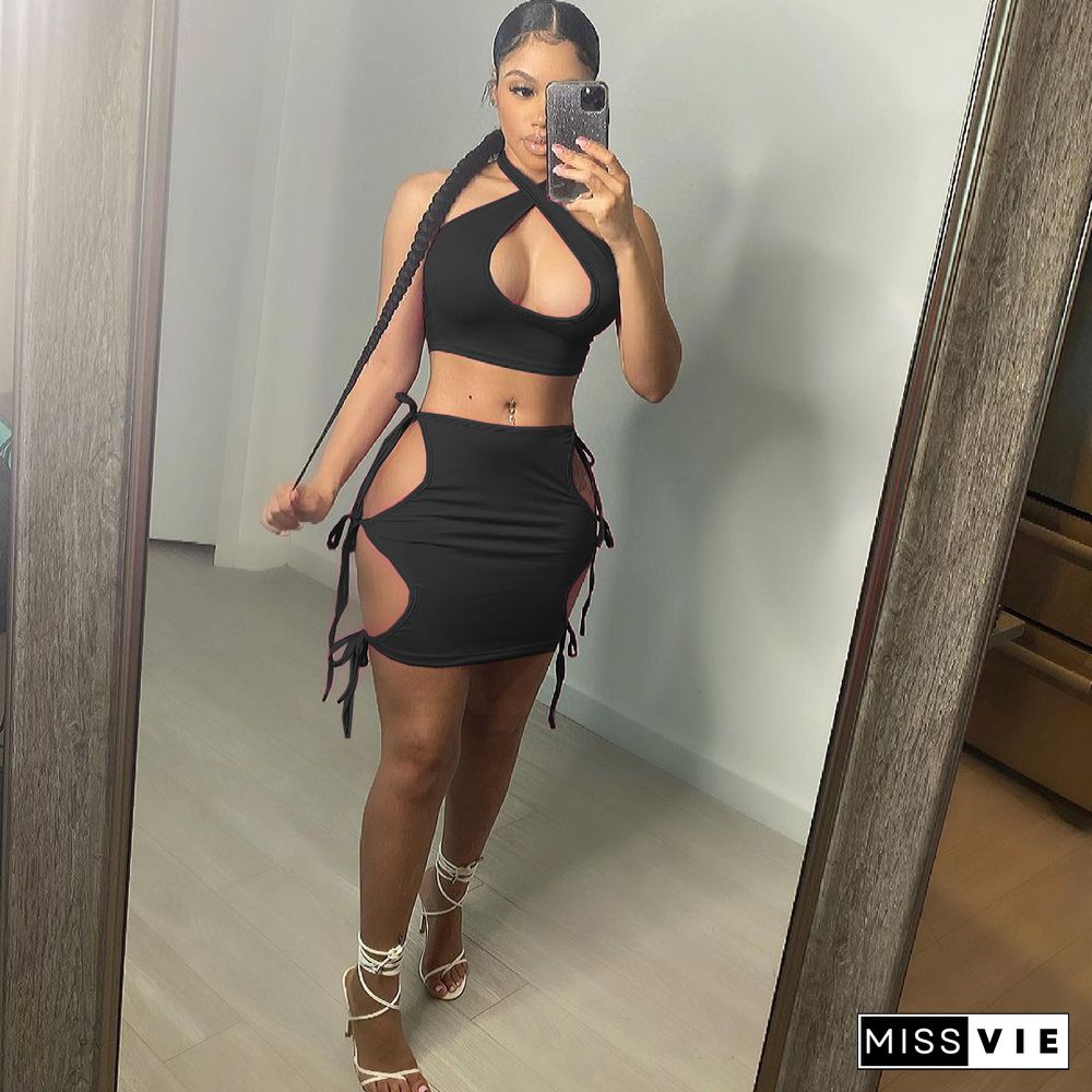 Halter Backless Crop Tops Hollow Out Lace Up Skirt Sets