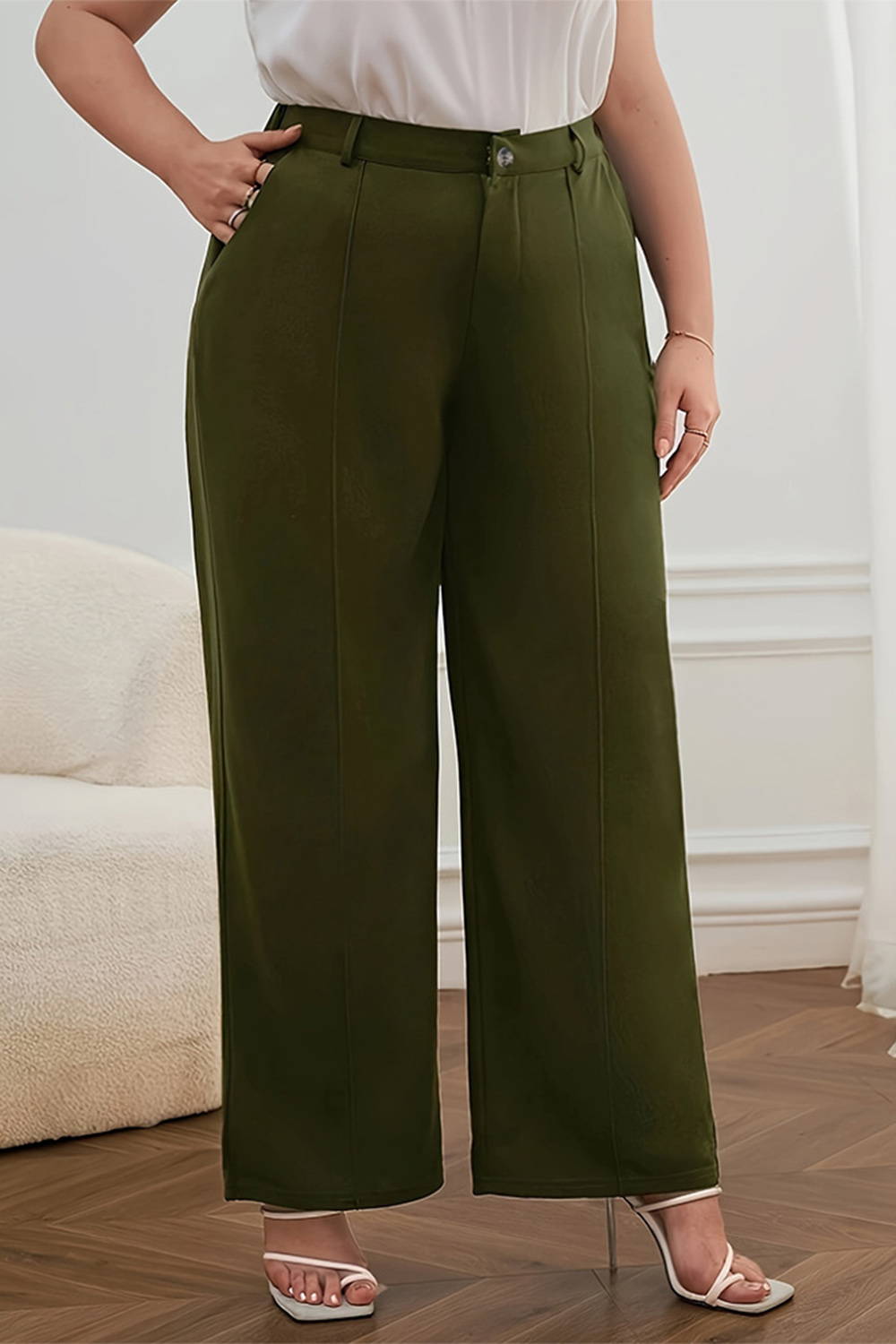 Plus Size Everyday Olive Green High Rise Pocket Wide Leg Pants 2024 - Flycurvy 