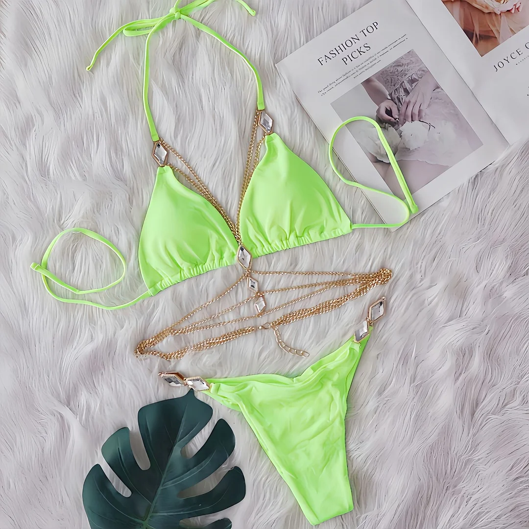 Uveng Uveng 2025 New Bikini Crystal Diamond Body Chain Decoration Swimsuit Strap Split Beach Swimsuit
