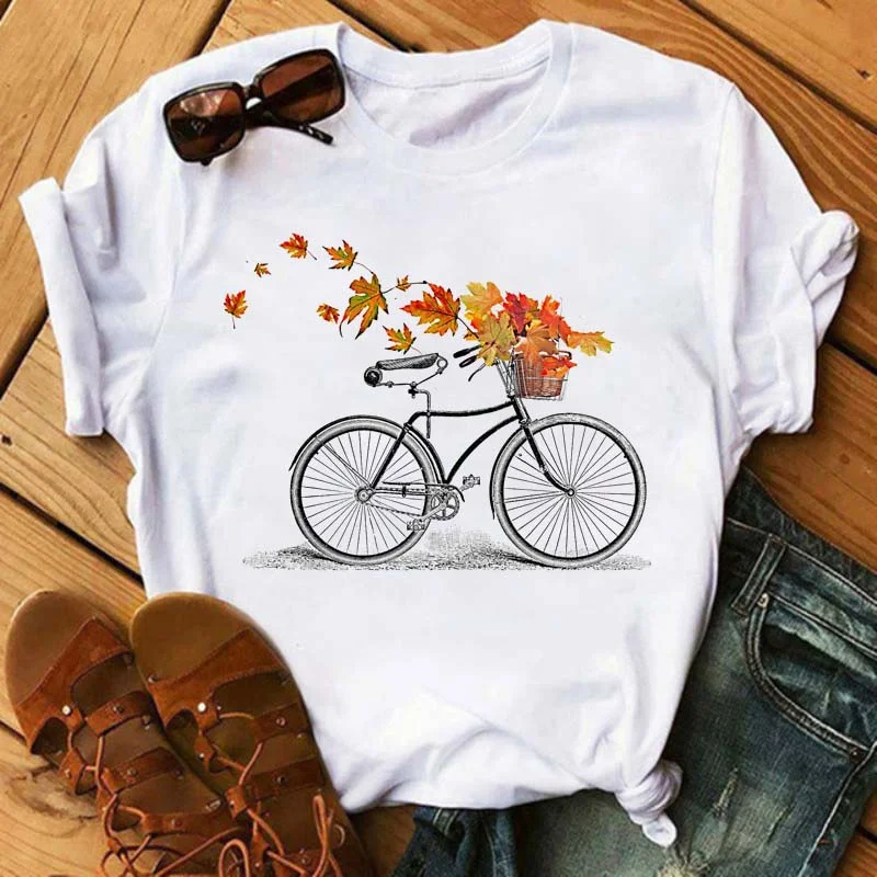 Bicycle with Sunflower Women Tshirt Summer Harajuku Short Sleeve White T Shirts Cartoon Casual Woman Tops Tees