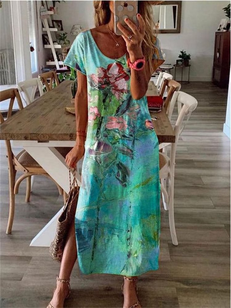 Floral Oil Painting Side Slit Maxi Dress