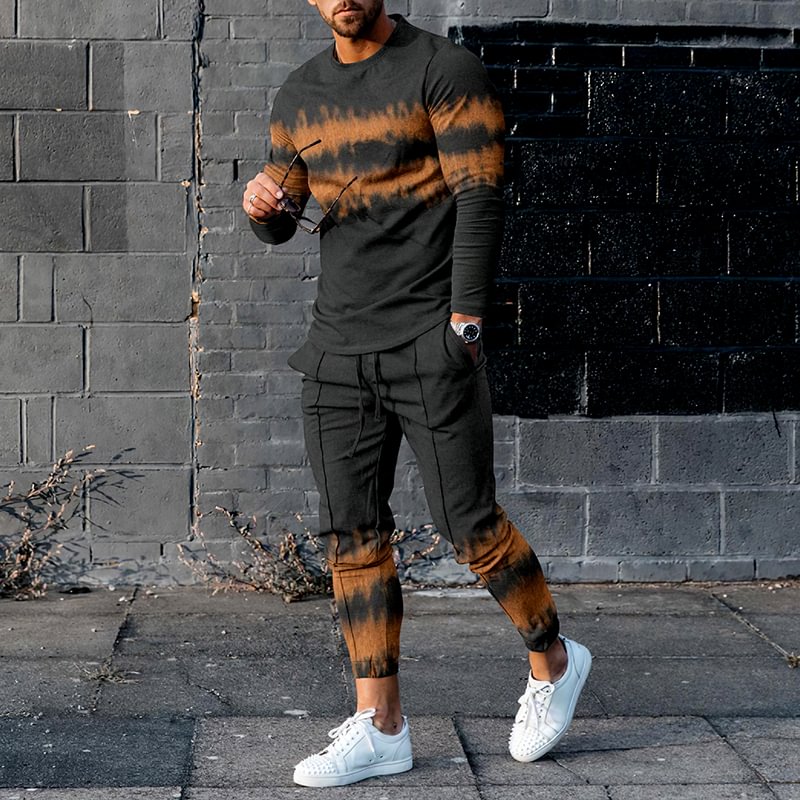 Contrasting Gradient Stripe Khaki Black T-Shirt And Pants Co-Ord