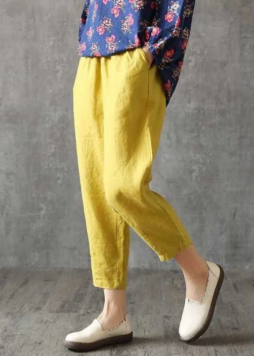 Plus Size Yellow Solid Pockets High Waist Cotton Crop Pants Spring