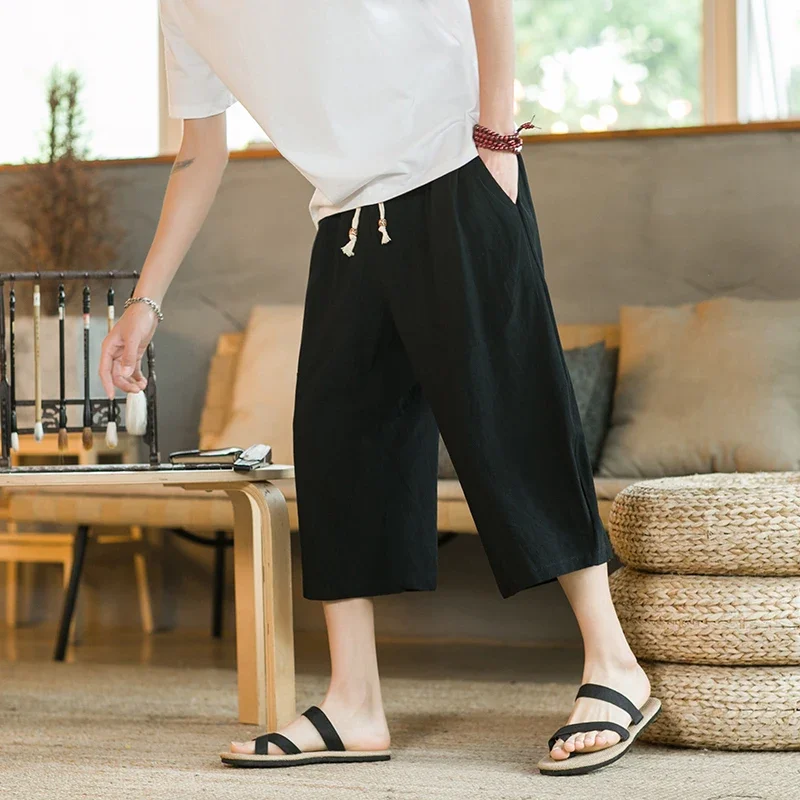 Whosewln Streetwear Fashion Women: Chinese Style Linen Pants – Wide Leg Drop Crotch Joggers for Men’s HipHop Style  