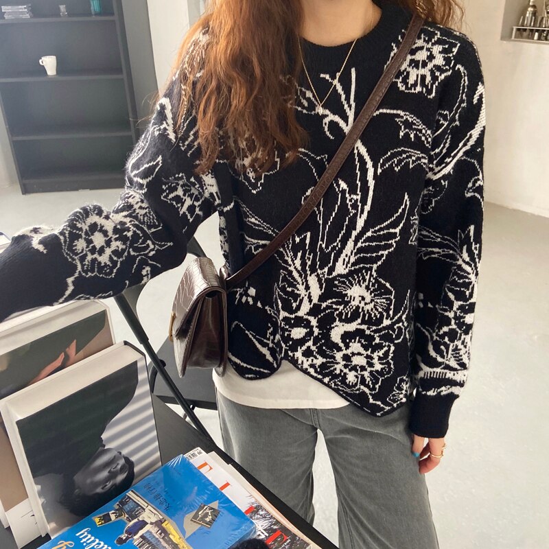 Women Fashion Retro O-Neck Floral Printing Knitwear